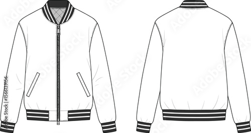 Trendy varsity bomber jacket front and back technical flat sketch cad drawing vector illustration perfect for apparel fashion design mockup