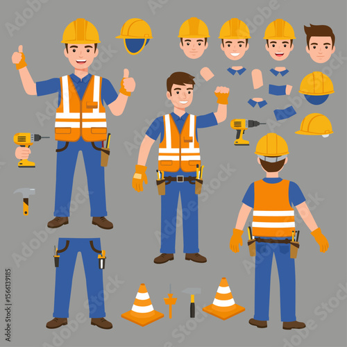 Construction Worker Vector Character Set - Customizable Builder Elements