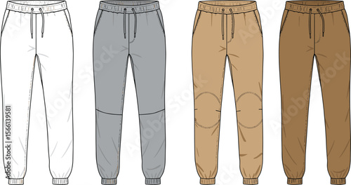 Vector fashion flat sketch of casual jogger pants in multiple colors, front view technical drawing, design template for apparel illustration flat vector illustration