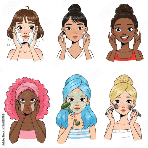 Diverse Women Skincare Routine Beauty Self-Care Vector Set