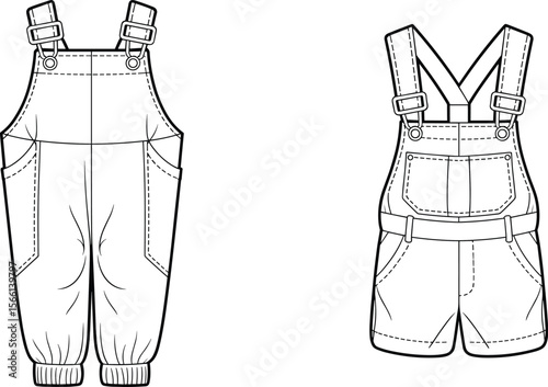 Kids denim dungaree overalls pants shorts front back view flat CAD drawing vector illustration with adjustable straps pockets fashion design