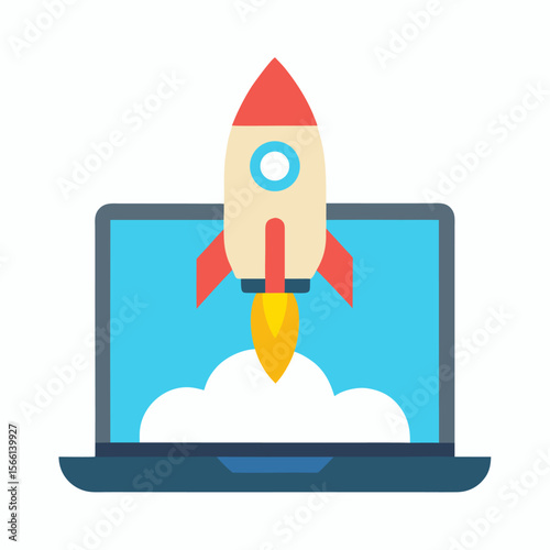 Digital startup rocket launch - flat vector illustration
