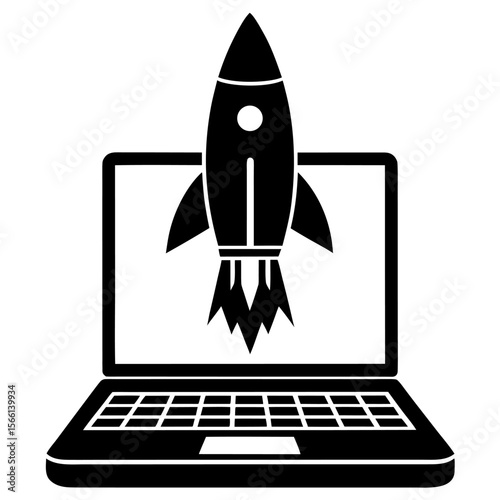 Digital startup rocket launch - flat vector illustration
