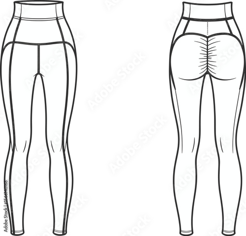 High waisted scrunch butt contour seam leggings flat CAD drawing vector illustration activewear front back view fitness yoga pants design