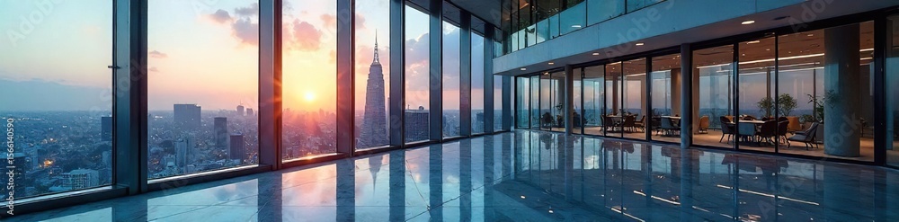 Fototapeta premium Sleek Modern Office Building Reflecting City Skyline Contemporary Architecture and Expansive Windows Showcase a Professional Workspace