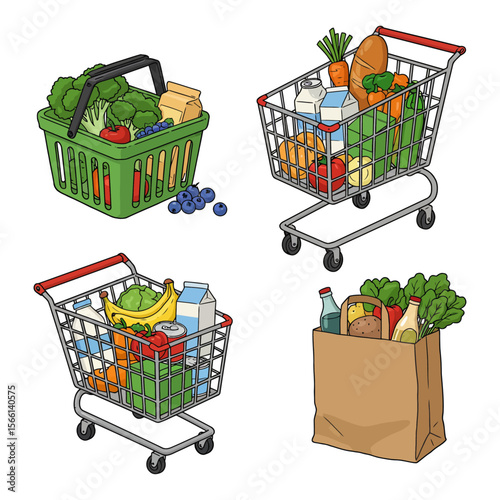 Grocery Shopping Cart Basket Bag Illustration Vector Set