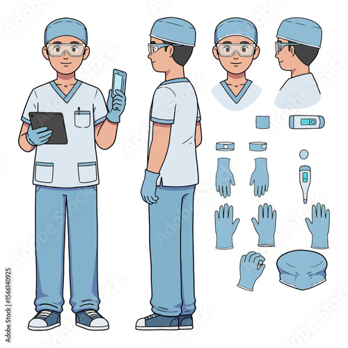 Medical Staff Cartoon Character with Tablet  Phone Illustration