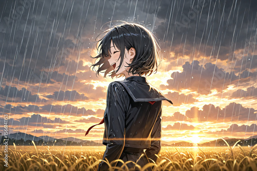Anime Woman Laughing Joyfully in Rainstorm
