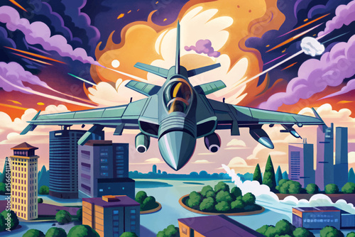 fighter plane and Smoke in Modern Urban Warfare ideal for military-themed design, game assets, concept art, and editorial use