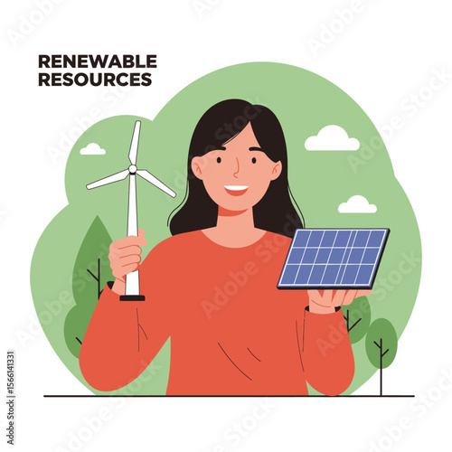 Renewable Resources Solar Panel and Wind Energy Illustration