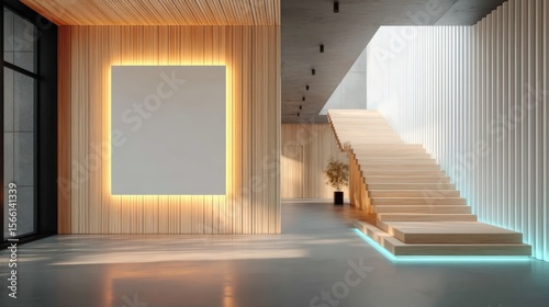 Modern interior with wooden paneling, illuminated artwork, and sleek staircase featuring under-step lighting and vertical white slats for a minimalist design.