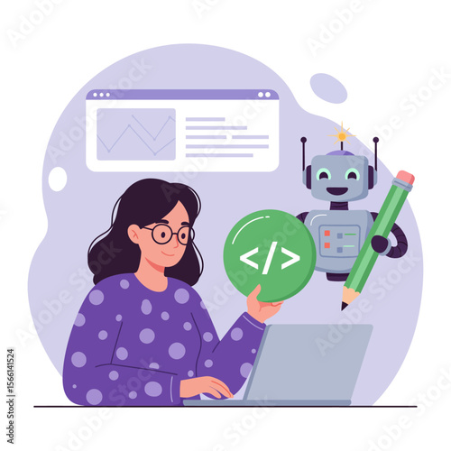 Software Engineer with AI Robot Assistant Coding Illustration