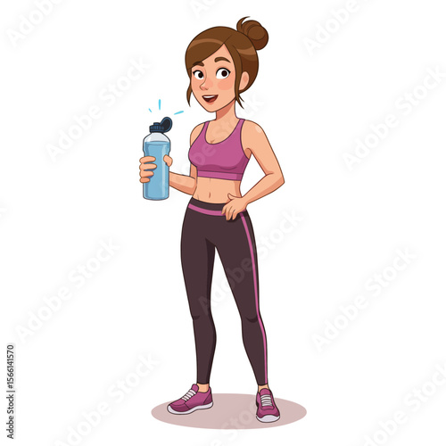 Sporty Woman with Water Bottle Cartoon Illustration