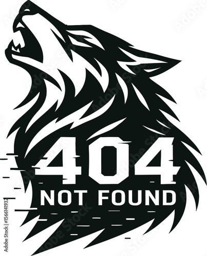 Stylized black wolf head howling with 404 not found error text