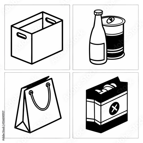A set of four minimalist packaging icons in black and white, including box, shopping bag, drink containers, and product pack. Perfect for ecommerce, logistics, and design projects.