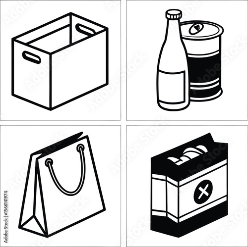 A set of four minimalist packaging icons in black and white, including box, shopping bag, drink containers, and product pack. Perfect for ecommerce, logistics, and design projects.