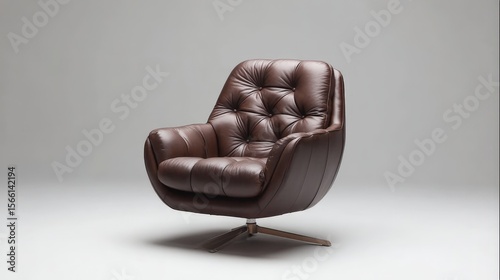 A modern, stylish brown leather armchair with tufted cushioning and a metal swivel base, set against a plain light grey background.
