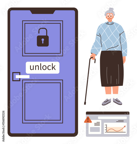 Elderly woman with cane, large unlock button on door, and warning screen highlight access, security, senior care, safety, independence, inclusivity and user-friendly technology. Simple flat metaphor