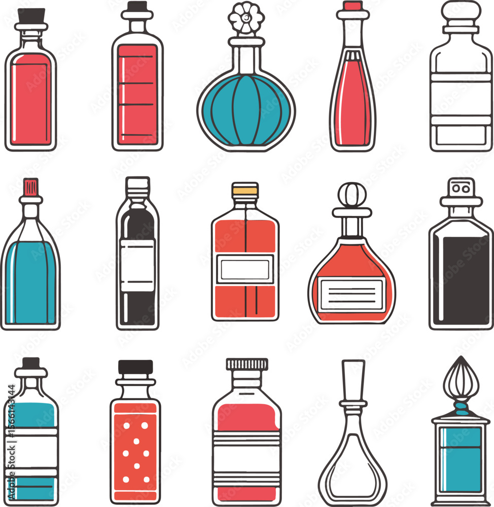 Set of Colorful Perfume Bottle Illustrations – Hand Drawn Cosmetic Fragrance Collection Set of Colorful Perfume Bottle Illustrations – Hand Drawn Cosmetic Fragrance Collection