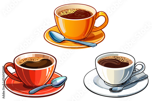 White, red or orange coffee cup on a saucer filled with coffee,  realistic coffee cup, Coffee cup beverage, cafe breakfast illustration, Tasty Coffee, hot cup of coffee with a small spoon