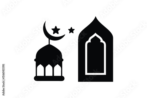 Simple Black and White Islamic Symbols of Mosque and Mihrab