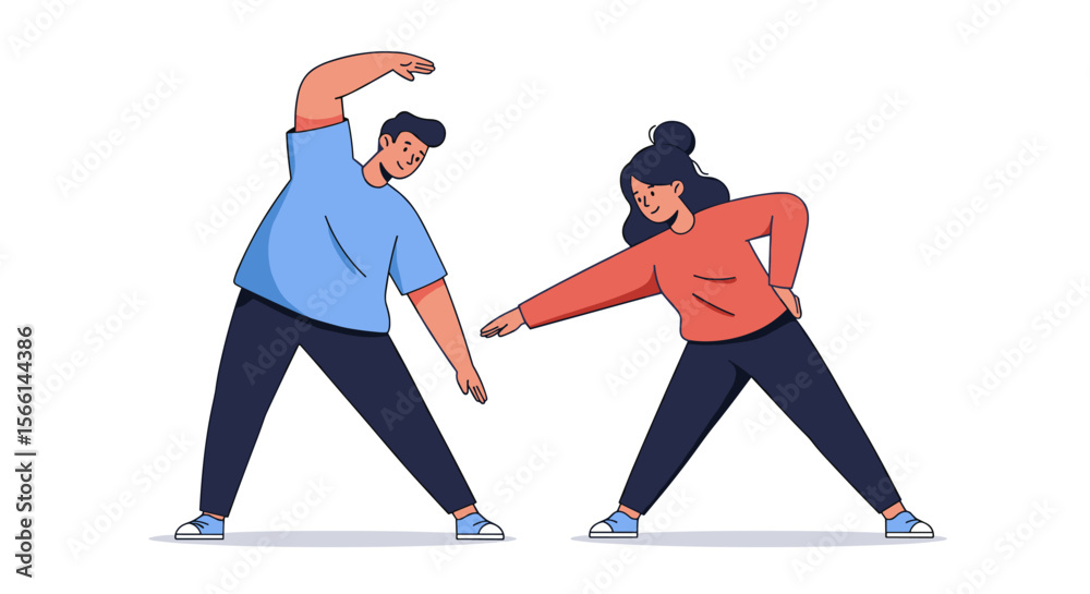 Fototapeta premium Fitness activity vector illustration: cartoon exercise enthusiasts in workout pose for health and wellness design