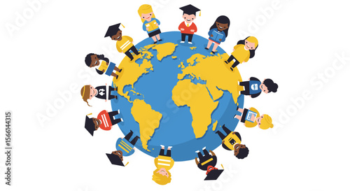 Diverse children celebrating graduation around the world vector illustration for education and global unity themes