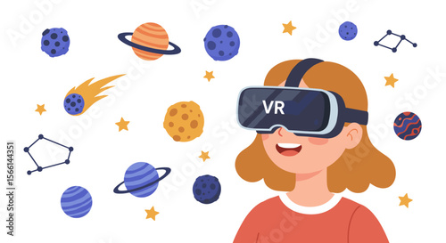 Vr exploration in outer space vector illustration for educational and creative design