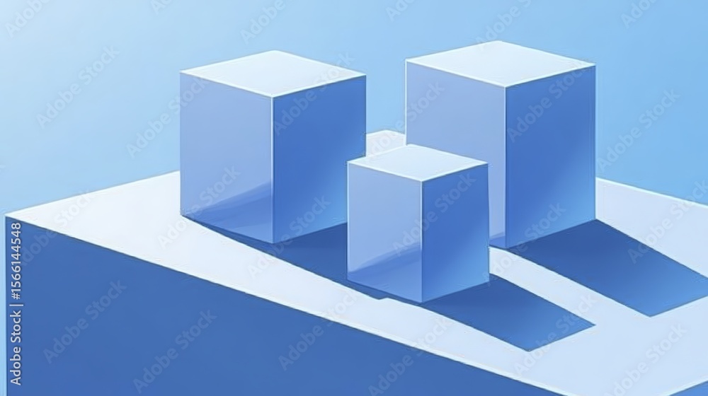 Fototapeta premium Abstract Blue Geometric Composition of Cubes and Rectangular Platforms with Shadows