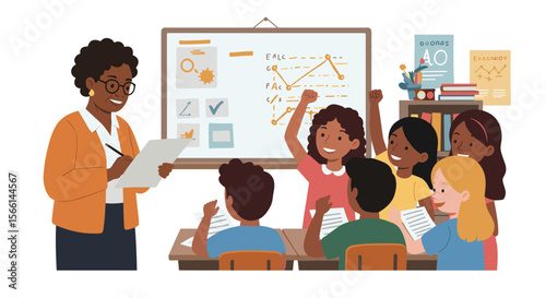 Classroom education vector illustration: teacher and engaged students in learning environment