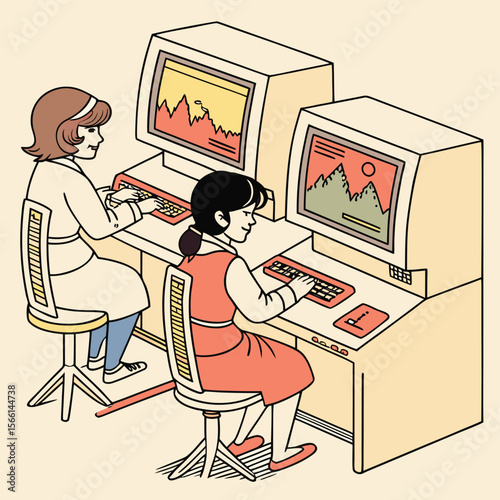 Two women working on old computers with graphs and landscapes displayed on the monitors at their desks