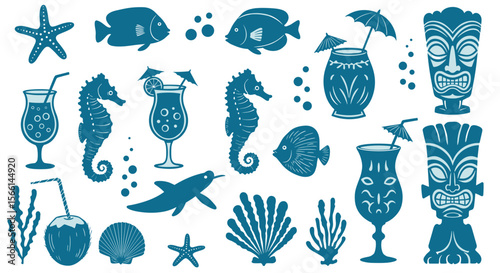 Tiki bar celebration vector illustration with tropical sea life and cocktails in flat style