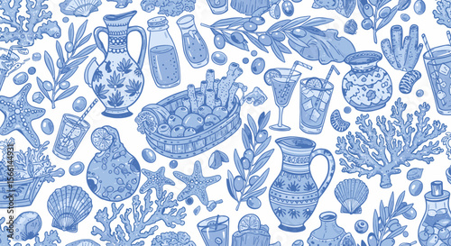 Mediterranean culinary and sea life theme vector illustration in hand drawn style for textile and wallpaper design