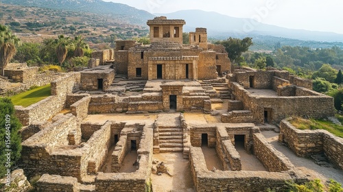 Ancient stone ruins of Mohenjo-daro, showcasing historic Indus Valley civilization architecture surrounded by greenery and distant hills.