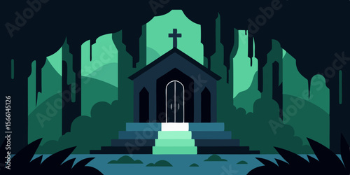 A Dark Chapel Under A Waterfall Its Pews Overgrown With Moss