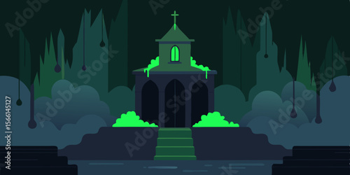 A Dark Chapel Under A Waterfall Its Pews Overgrown With Moss