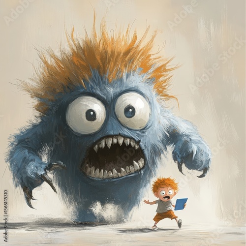 Boy running away from a scary monster holding a tablet in his hands