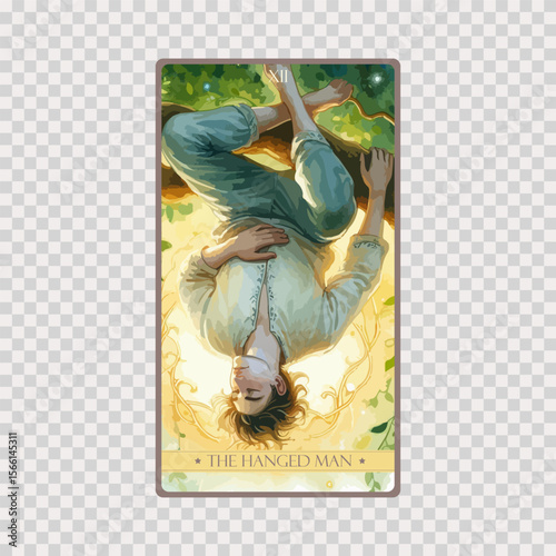 A watercolor Tarot card 'The Hanged Man'.Tarot card colorful deck. Major arcana set part . Occult and alchemy symbolism.