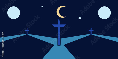 a moonlit crossroads with four paths  each leading
