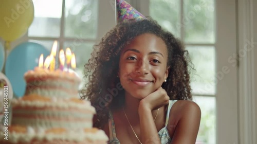 Charming image of a woman wearing a party hat, smiling warmly at the camera. In front is a beautifully decorated birthday cake with lit candles. Bright and joyful birthday atmosphere.
