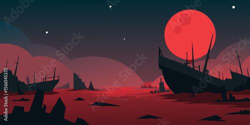 a ship graveyard under a blood moon