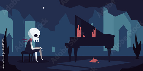 a skeleton playing a broken piano in an abandoned