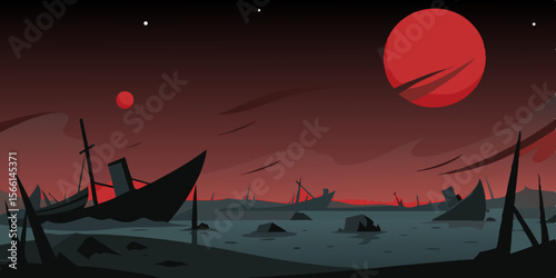 a ship graveyard under a blood moon