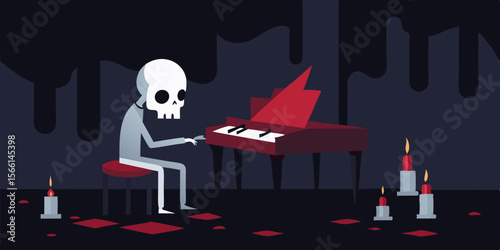 a skeleton playing a broken piano in an abandoned
