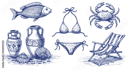 Summer beach vector illustration with fish, bikini, and seashells in hand drawn style for design