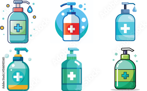 Six Colorful Hand Sanitizer Bottles Hygiene Plus Sign