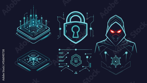 Cybersecurity Icons Hacker Data Center Padlock and Digital Security Elements