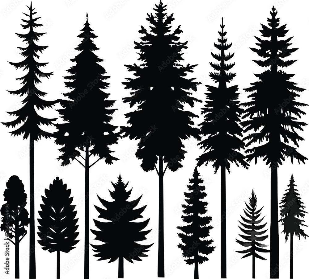 Obraz premium Collection of diverse tree silhouettes in black against a transparent background showcasing various shapes and sizes isolated on transparent background
