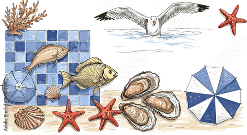 Coastal summer vector illustration with marine life and umbrella for beach-themed designs
