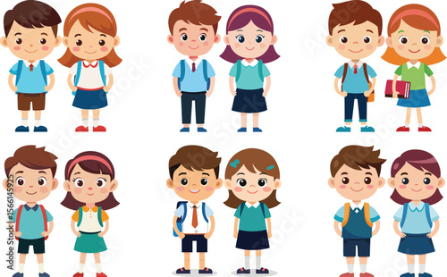 Happy school kids ready for class cute cartoon illustration